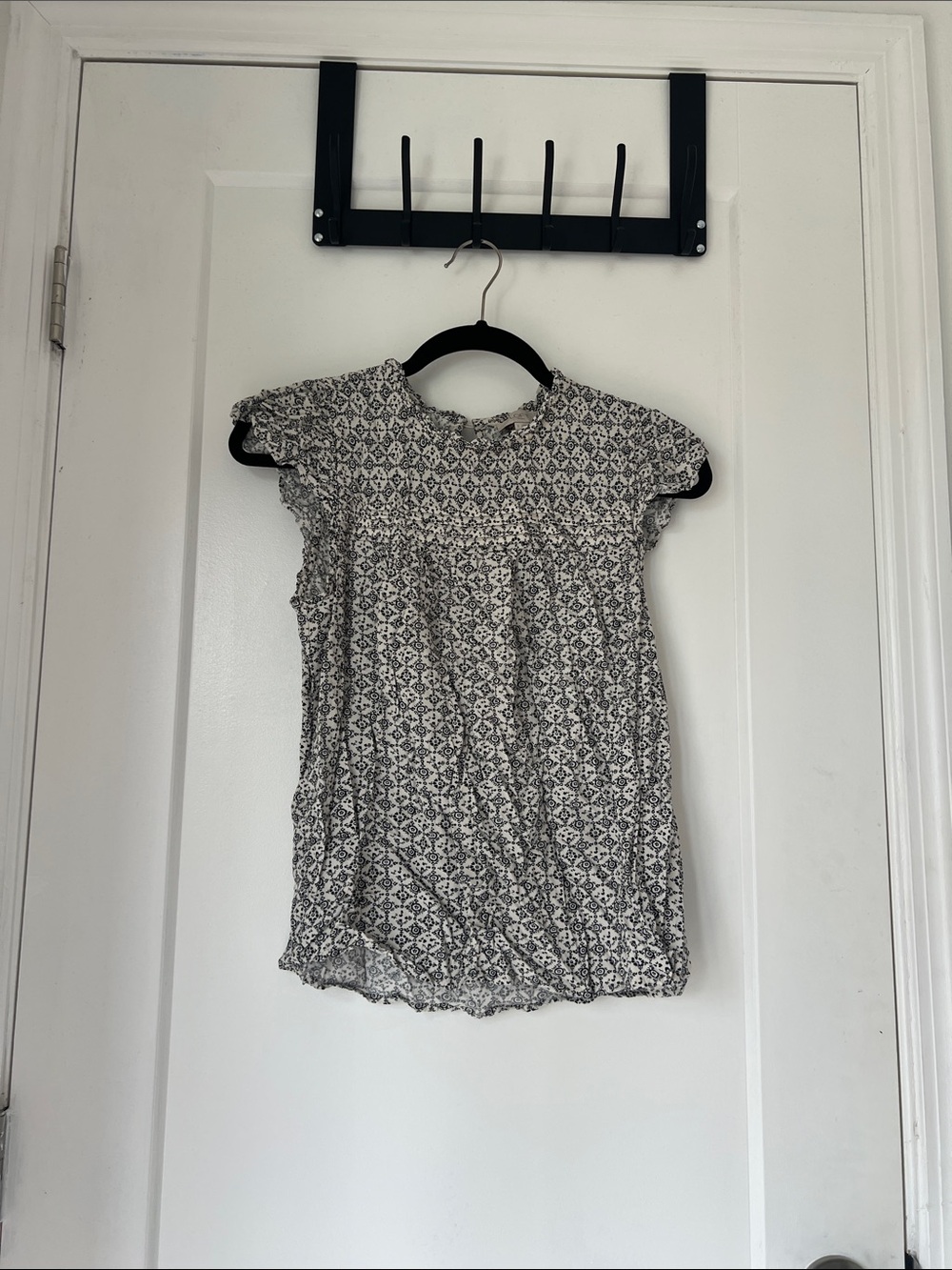 LOFT Black and White Smocked Yoke Cap-Sleeve Blouse
